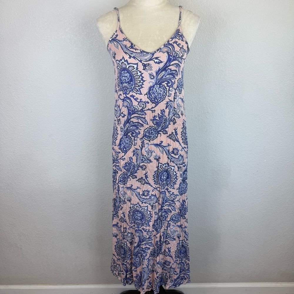 RUSTY Women's Paisley Pink & Blue V Neck Maxi Dress Adjustable Straps Size Small